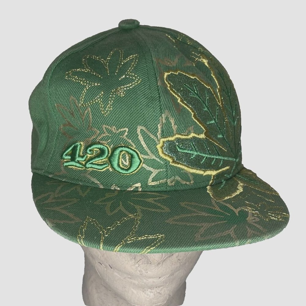 420 Leaf Weed Pattern Hat Cap Green Gold Sparkle sz LARGE Leader Headwear